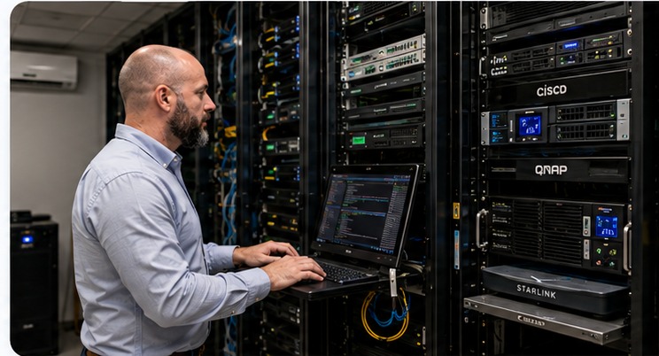 PnP engineer in a compact advanced server room with Cisco, QNAP, UPS and backup connectivity