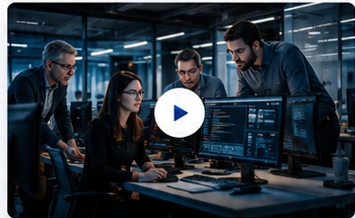 Software development team working with code, dashboards and business data