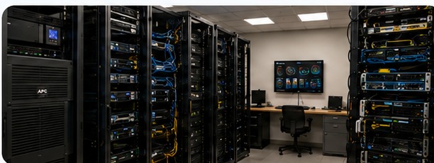 Compact managed server room with racks, network equipment and monitoring